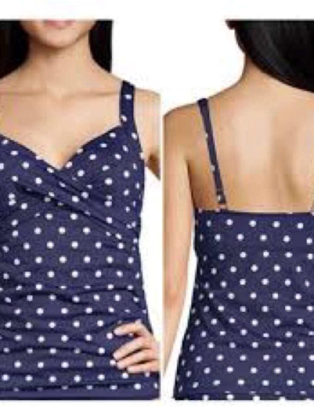 Lands End Polka Dot Navy Wrap-Front Tankini Top